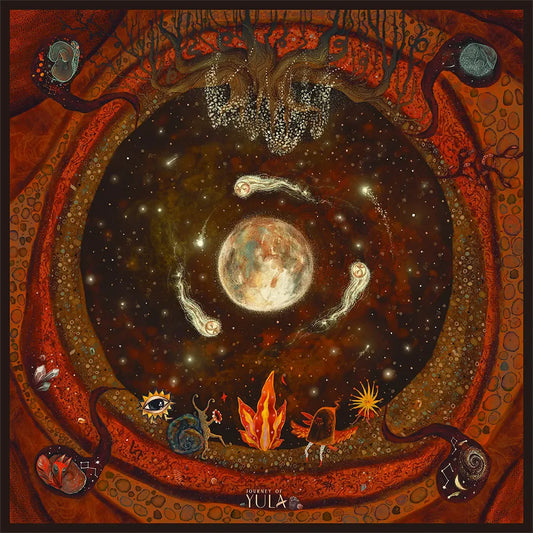 Journey of Yula Natus et Radix serisi dolunay ve ates desenli yuzde 100 saf ipek fular tasarimi