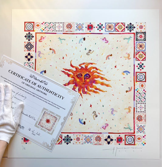 Journey of Yula Natus et Radix collection, hand-drawn orange sun illustration with certificate of authenticity