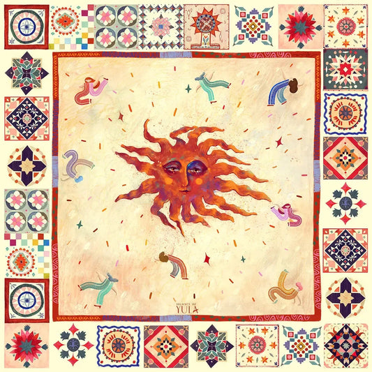 Journey of Yula Natus et Radix serisi turuncu gunes ve etnik desenli yuzde 100 saf ipek fular