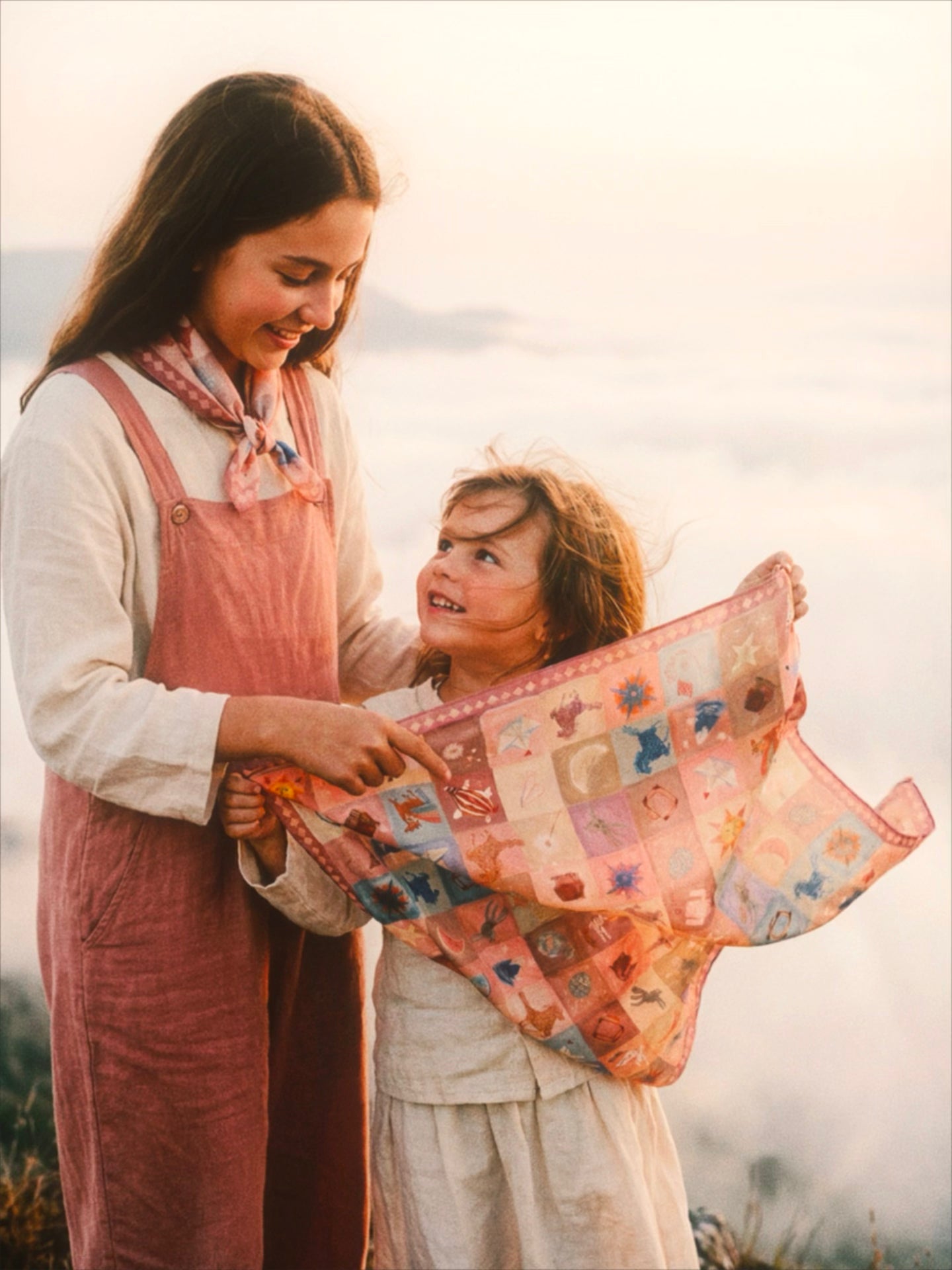 Two sisters with realistic, characteristic features standing on a misty mountain peak at dawn. The younger girl holds a 45cm Journey of Yula silk-cotton scarf spread out like a dream map, while the older sister wears a matching compact neckerchief over pink linen overalls. High-end editorial children's fashion photography