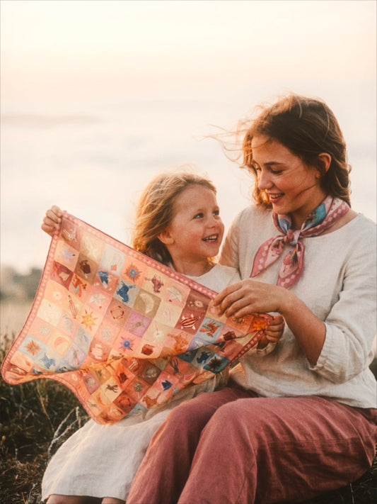 A close-up shot of two young sisters sitting on a grassy hill above a sea of clouds. They are examining the whimsical pastel illustrations on a Journey of Yula scarf. The older girl wears a small, neatly tied 45cm neckerchief. Soft morning light, natural skin textures, and cinematic atmosphere emphasizing a 'pocket of joy' moment.