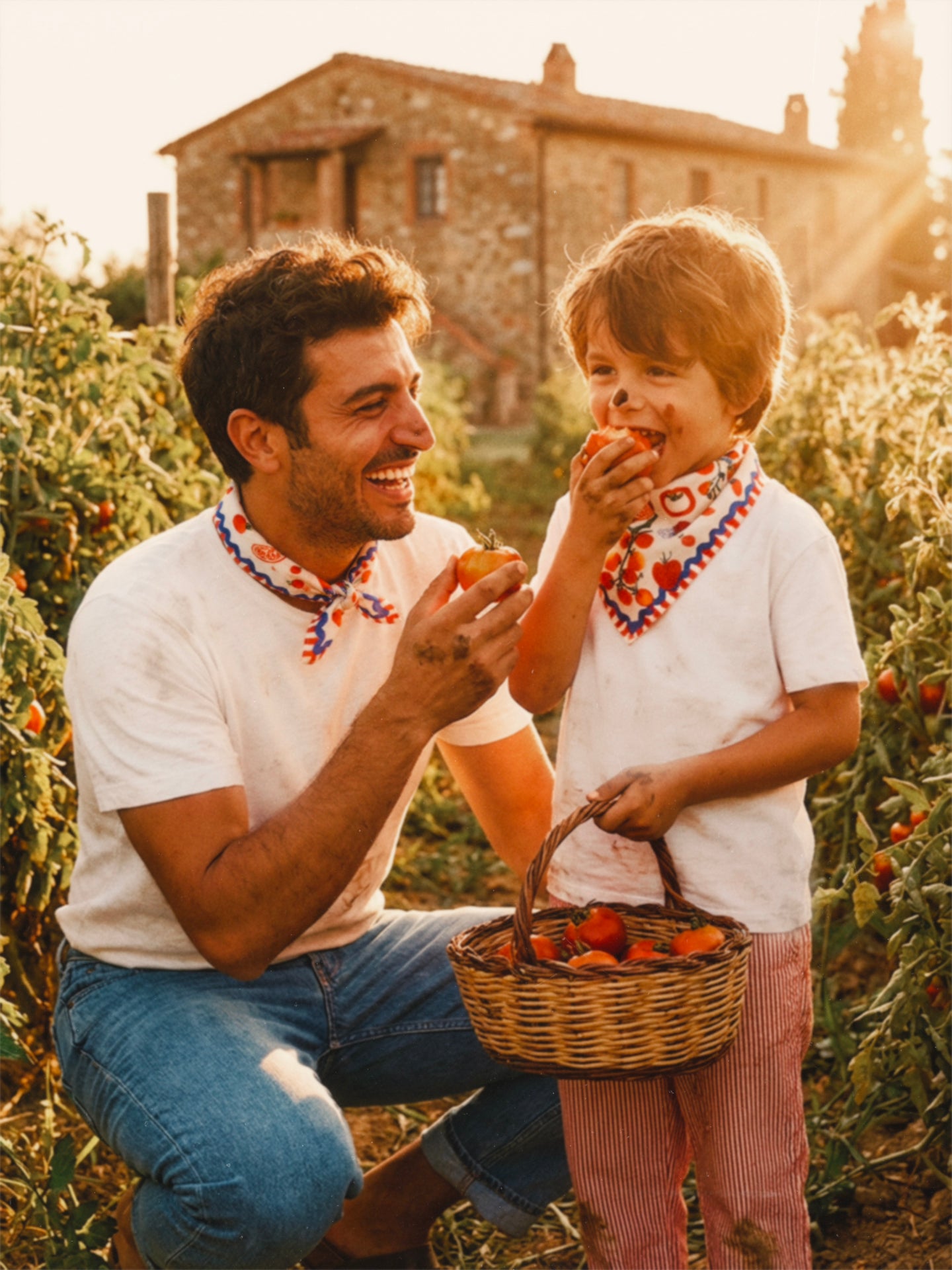 A photorealistic documentary-style fashion photograph captures a heartwarming moment between a smiling Turkish-style father and his young son, both with detailed, characteristic features. They are in a Tuscan tomato vineyard at golden hour. The father is wearing a compact Journey of Yula 'this scarf' neckerchief (from image_34.png) featuring vibrant red tomatoes and blue borders. The son wears an identical smaller version tied as a bandana. They are holding woven baskets filled with freshly picked heirloom 