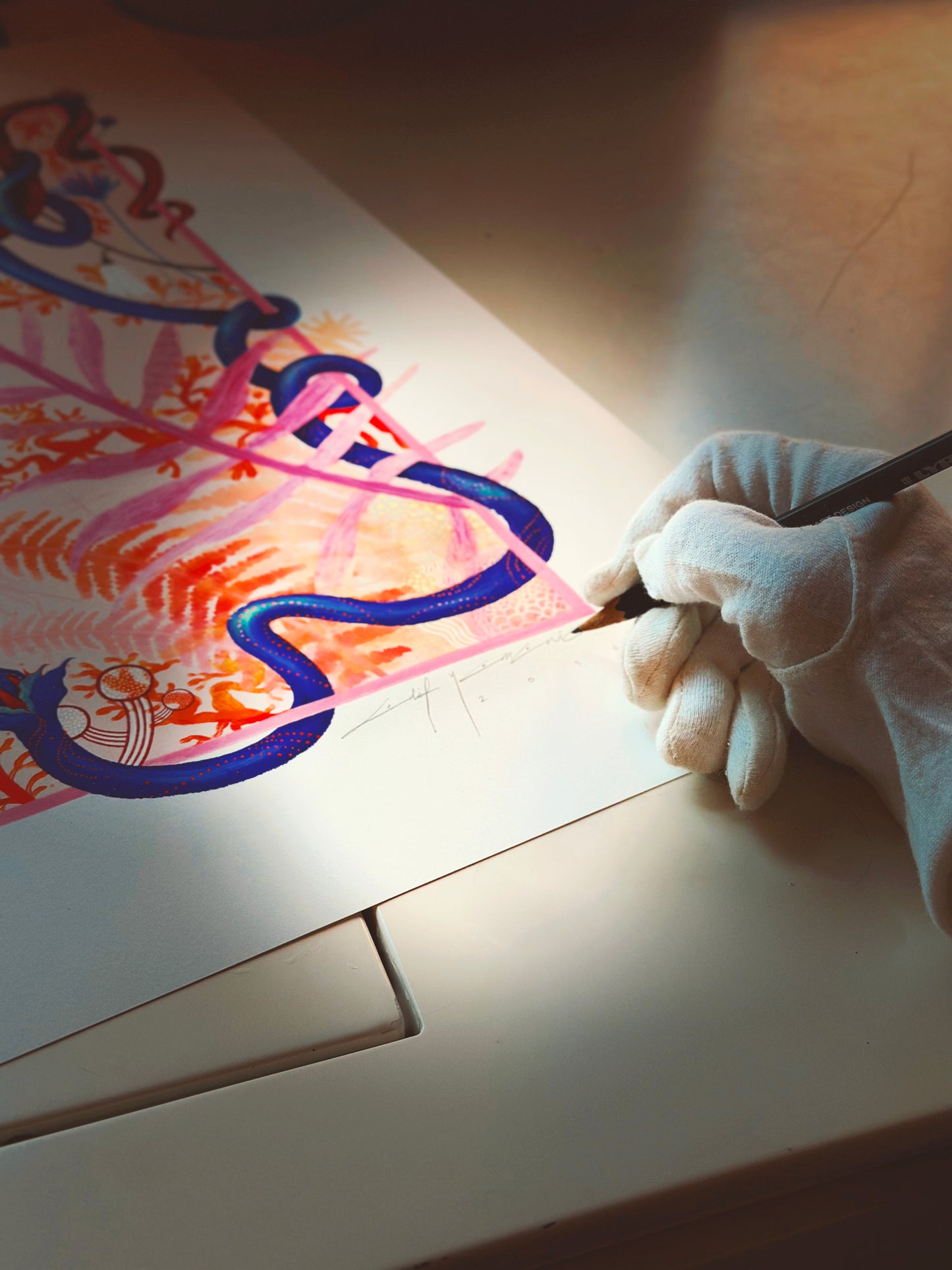 Close-up detail of "Heart Aflame" art print signature