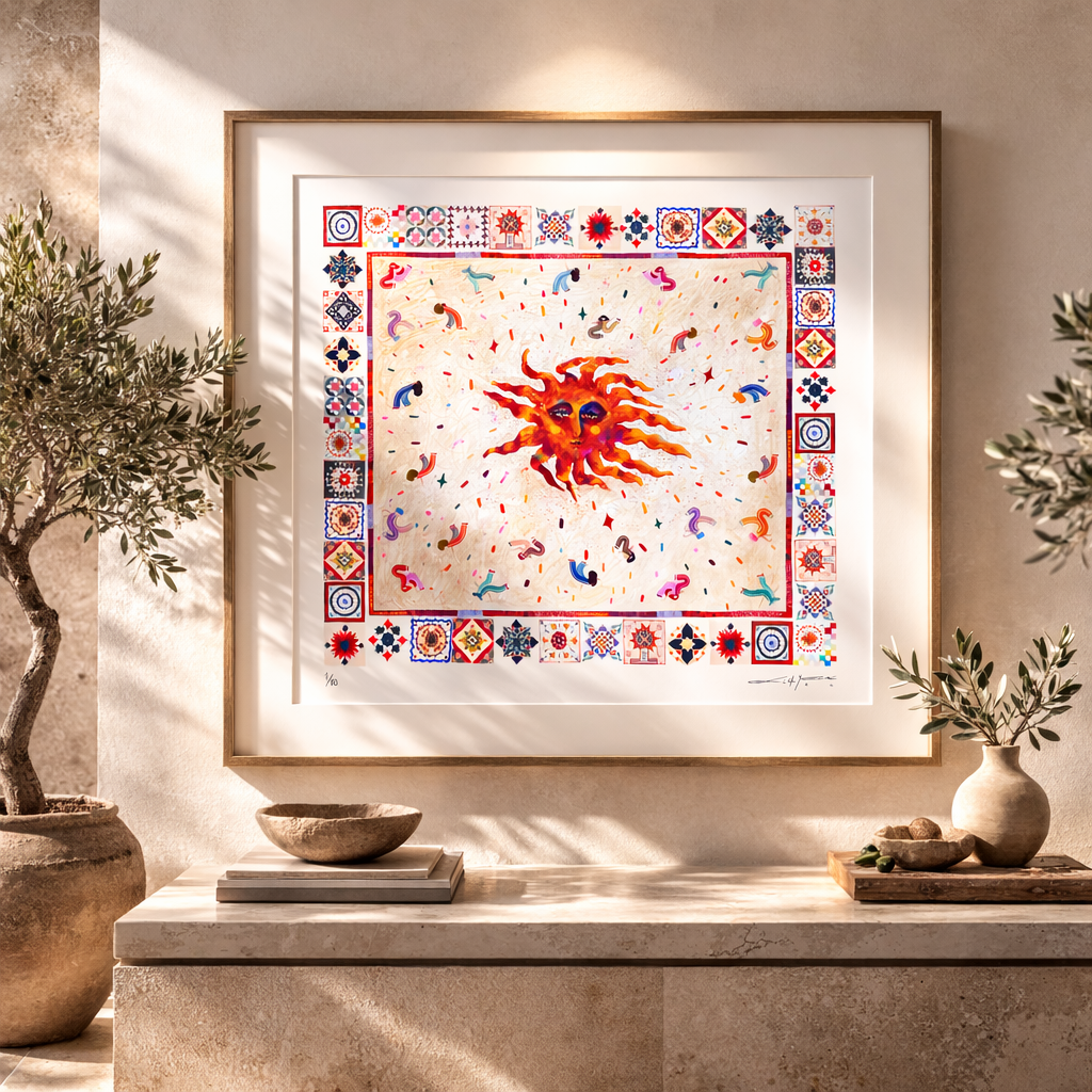 Journey of Yula Natus et Radix collection, hand-drawn orange sun illustration with traditional Mediterranean tile border, premium square art print for home decor.