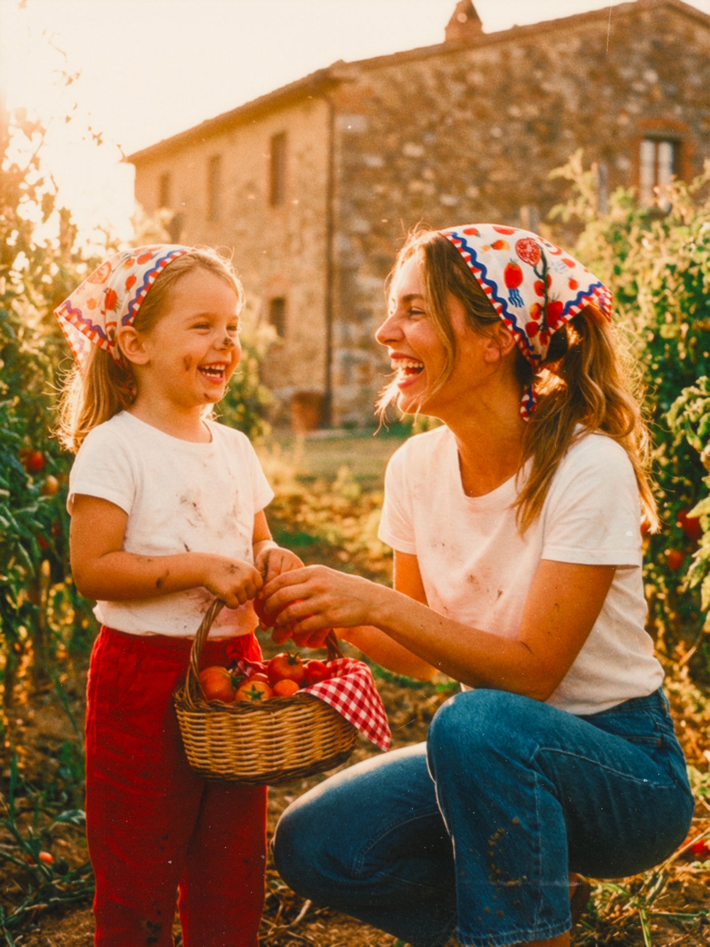 A photorealistic cinematic photograph features a joyful, authentic interaction between a mother and her daughter, both with distinct, highly characteristic face shapes and features. They are in a sun-drenched Tuscan tomato vineyard. The mother is wearing a small Journey of Yula 'this scarf' neckerchief  showcasing intricate red tomato and pomegranate illustrations. The daughter is holding a basket overflowing with ripe heirloom tomatoes while smiling broadly, wearing a matching bandana. 