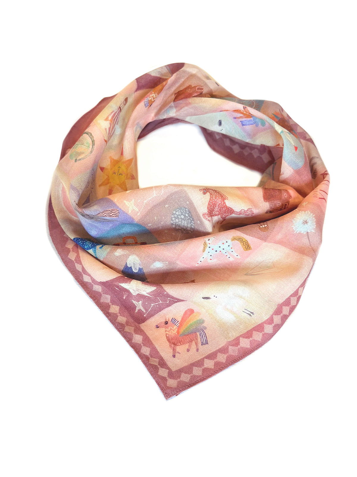 Soft cotton 'Call When You Land' scarf from the 'Pocket of Joy' collection, featuring whimsical horses and magical landscape illustrations..