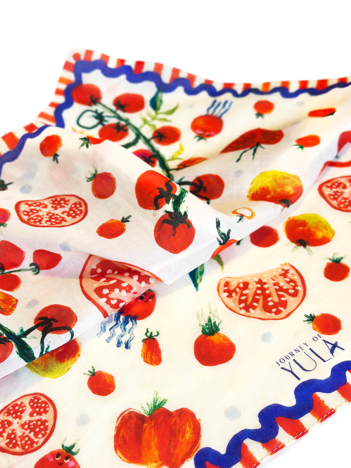 Detailed close-up of 'Seeds of Wonder' cotton fabric, highlighting the whimsical illustrated characters and organic textures of the 'Pocket of Joy' collection.
