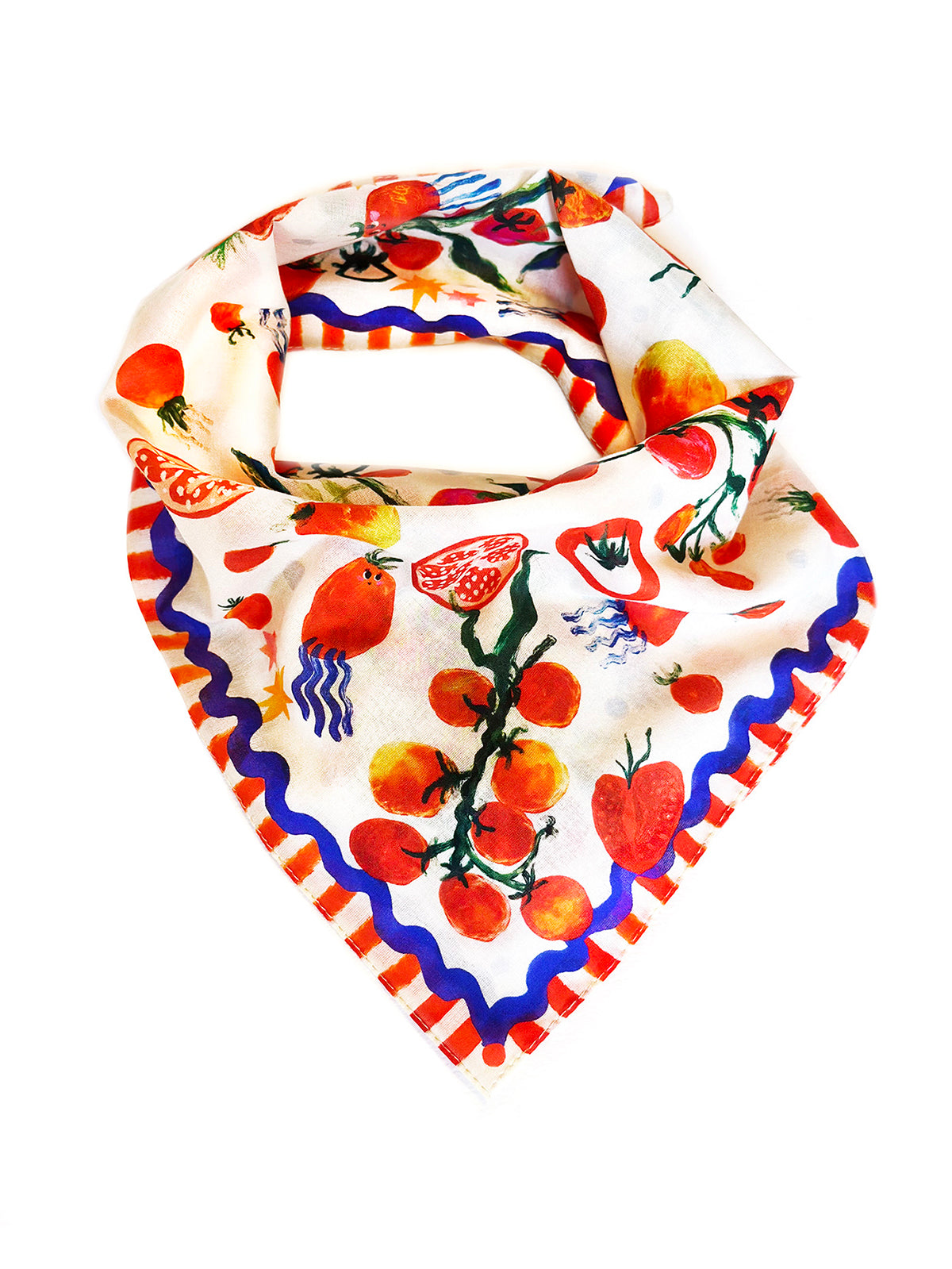 Vibrant 'Seeds of Wonder' cotton neckerchief from the 'Pocket of Joy' series, showcasing playful botanical patterns and a wavy blue border.