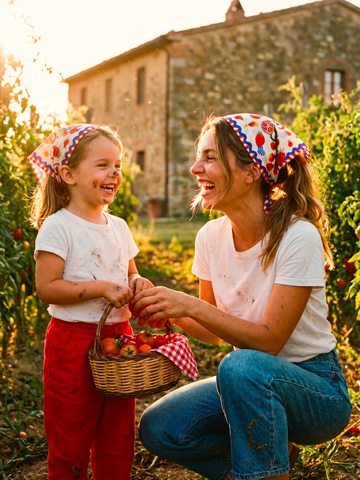 A photorealistic cinematic photograph features a joyful, authentic interaction between a mother and her daughter, both with distinct, highly characteristic face shapes and features. They are in a sun-drenched Tuscan tomato vineyard. The mother is wearing a small Journey of Yula 'this scarf' neckerchief  showcasing intricate red tomato and pomegranate illustrations. The daughter is holding a basket overflowing with ripe heirloom tomatoes while smiling broadly, wearing a matching bandana. 
