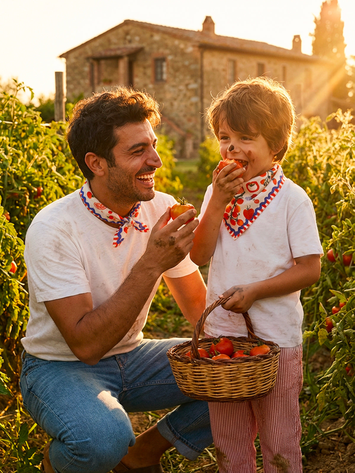A photorealistic documentary-style fashion photograph captures a heartwarming moment between a smiling Turkish-style father and his young son, both with detailed, characteristic features. They are in a Tuscan tomato vineyard at golden hour. The father is wearing a compact Journey of Yula 'this scarf' neckerchief (from image_34.png) featuring vibrant red tomatoes and blue borders. The son wears an identical smaller version tied as a bandana. They are holding woven baskets filled with freshly picked heirloom 