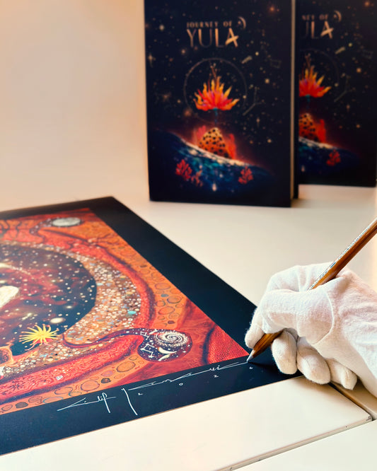 Cosmic themed illustration art print with planet and spiritual symbols with signature hand