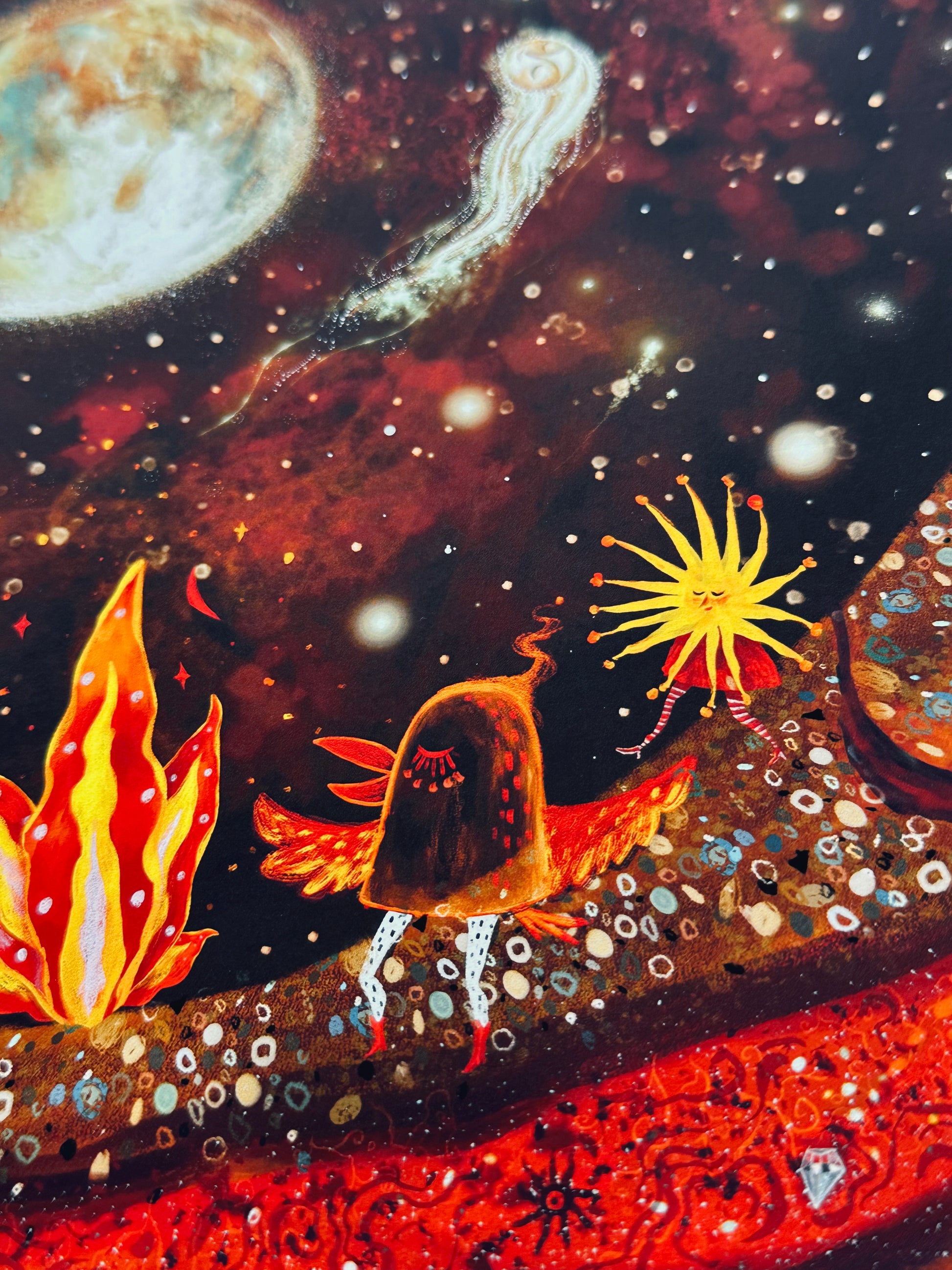 Cosmic themed illustration art print with planet and spiritual symbols detail