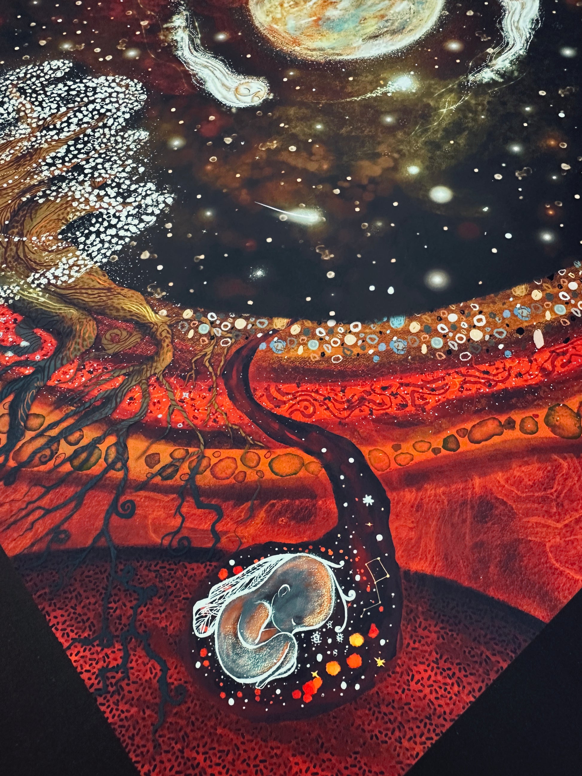 Cosmic themed illustration art print with foetal and spiritual symbols and rooths