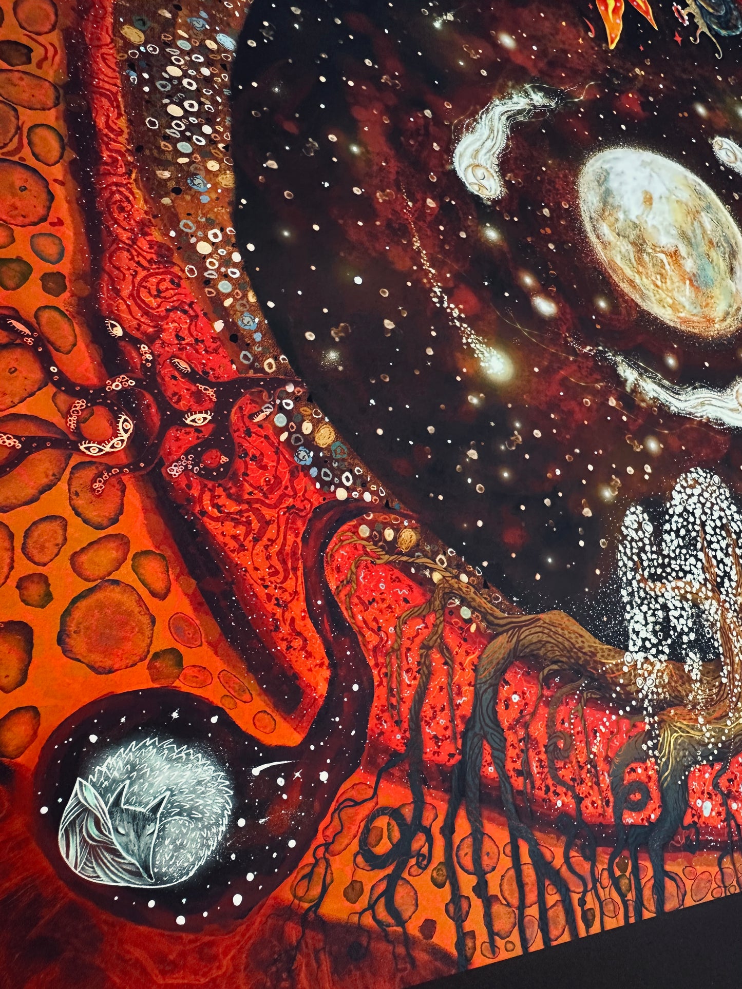 Cosmic themed illustration art print with woolf and spiritual symbols