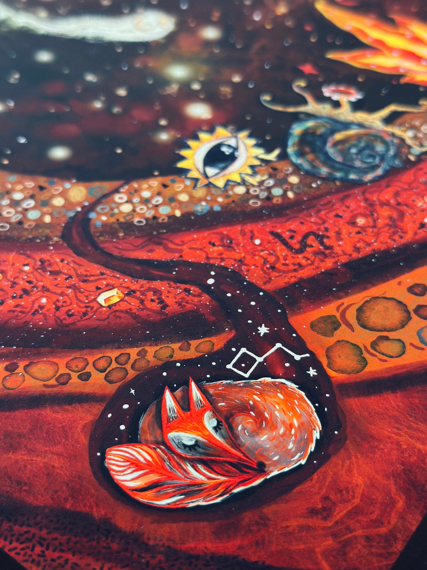 Cosmic themed illustration art print with fox and spiritual symbols