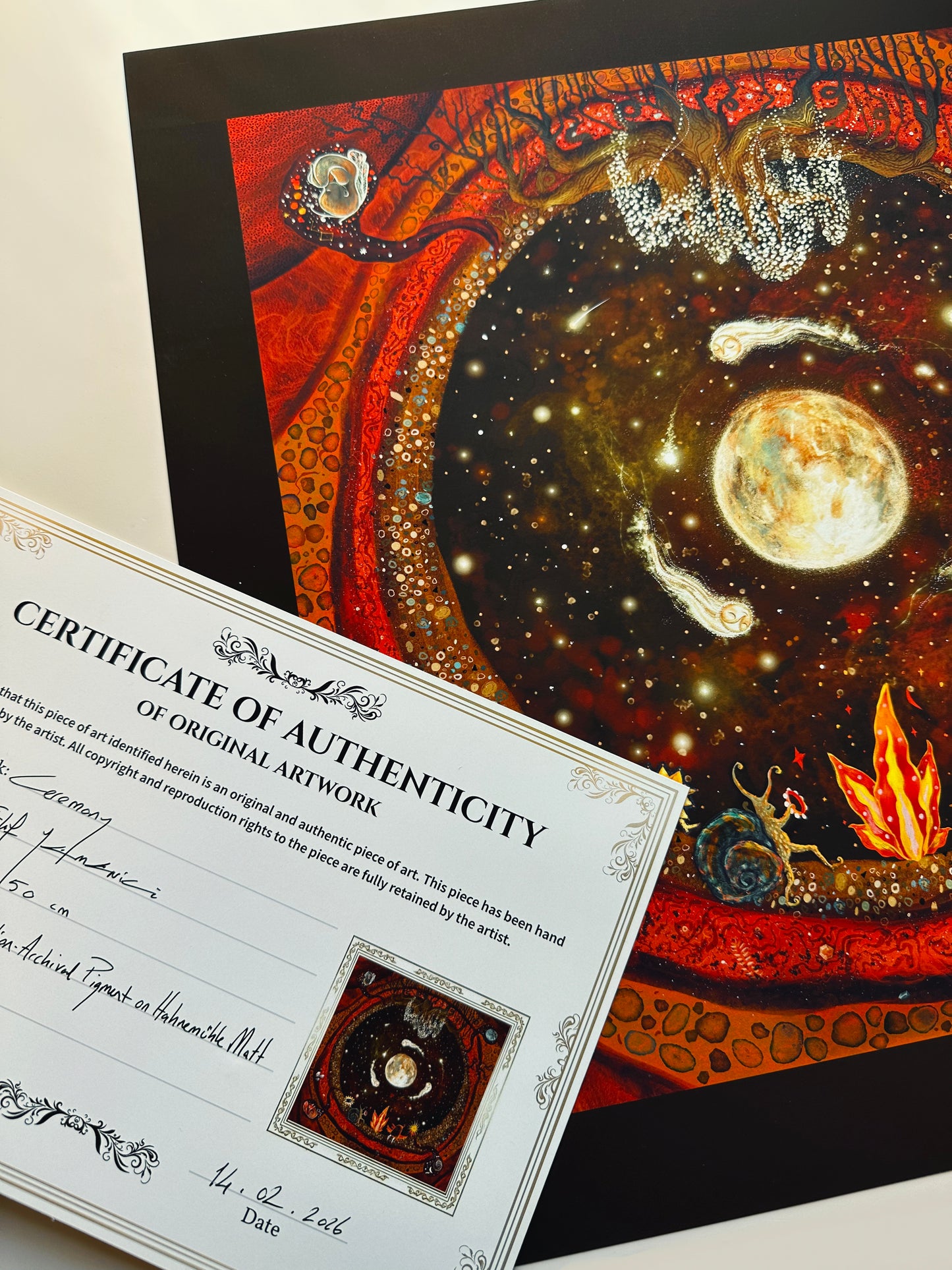 certificated of authenticity and Cosmic themed illustration art print with planet and spiritual symbols
