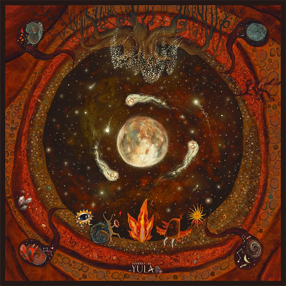 Journey of Yula Natus et Radix serisi dolunay ve ates desenli yuzde 100 saf ipek fular tasarimi