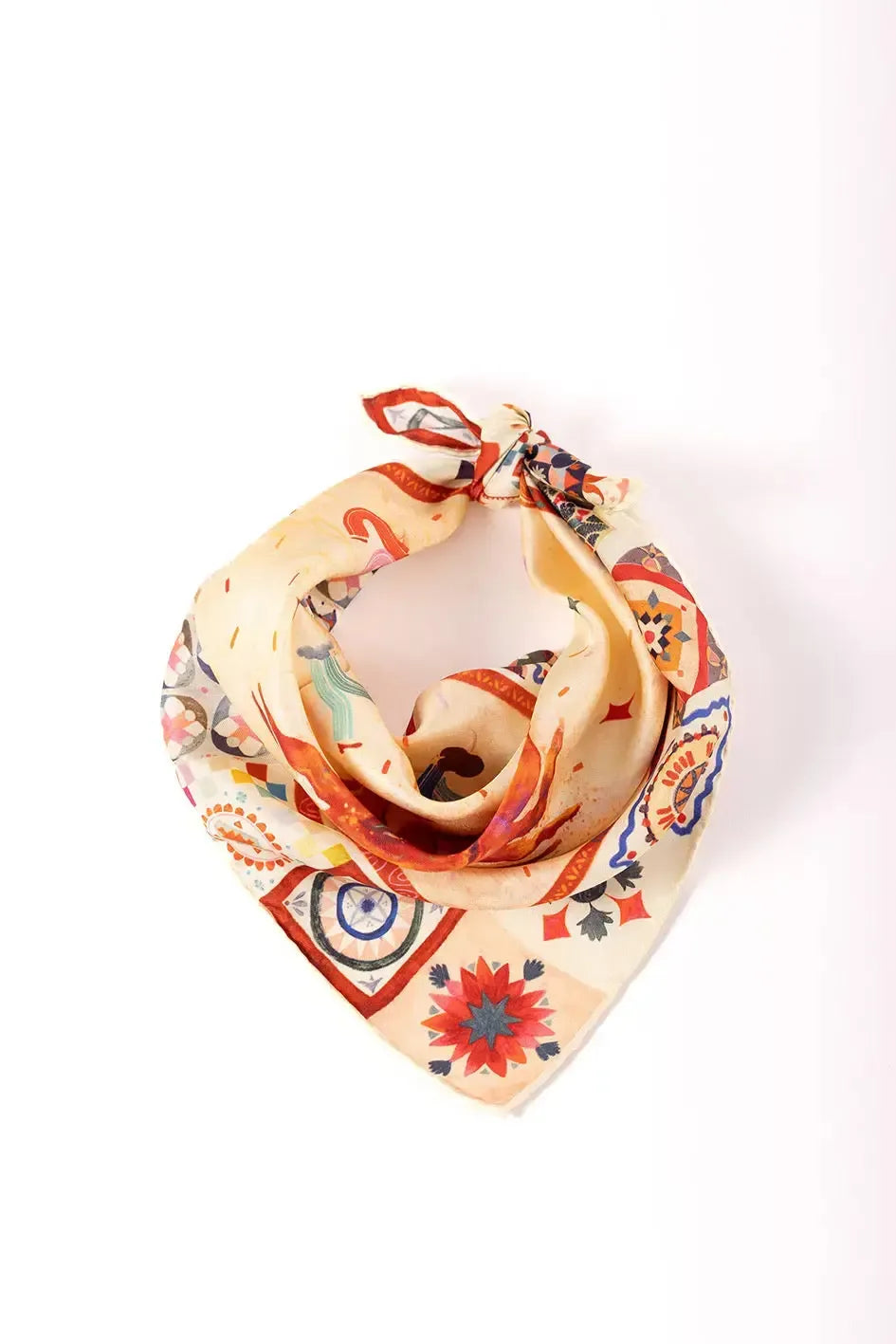 Journey of Yula gunes desenli ipek fular beyaz fon uzerinde baglama