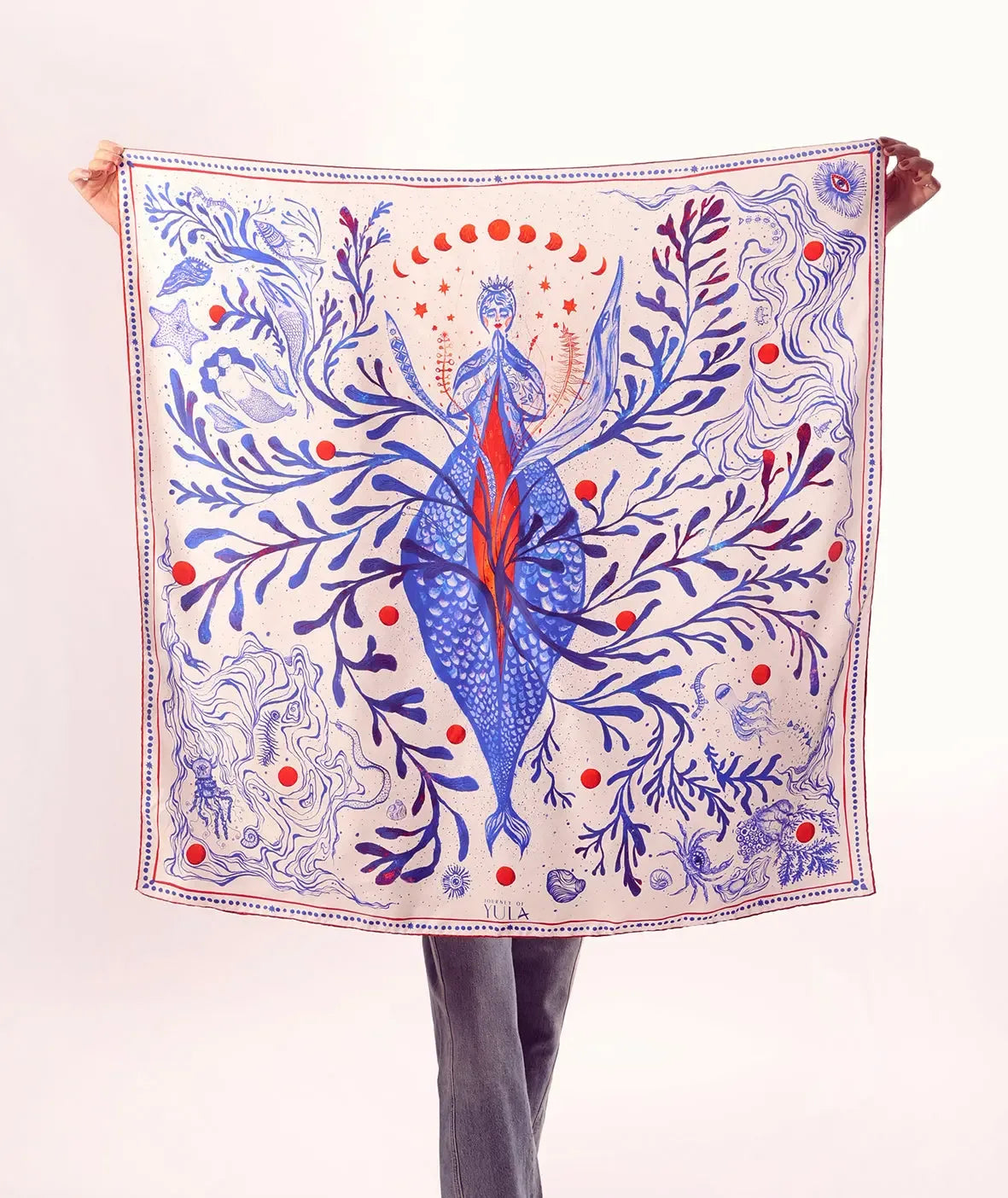 İpek Twill Fular - Goddess of Genesis %100 Saf İpek | Journey of Yula - Journey of Yula- doğum- gaia- doğum tanrıçası-deniz kızı desenli- mavi beyaz eşarp