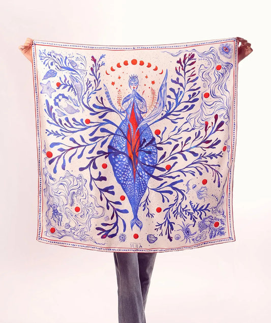 İpek Twill Fular - Goddess of Genesis %100 Saf İpek | Journey of Yula - Journey of Yula- doğum- gaia- doğum tanrıçası-deniz kızı desenli- mavi beyaz eşarp
