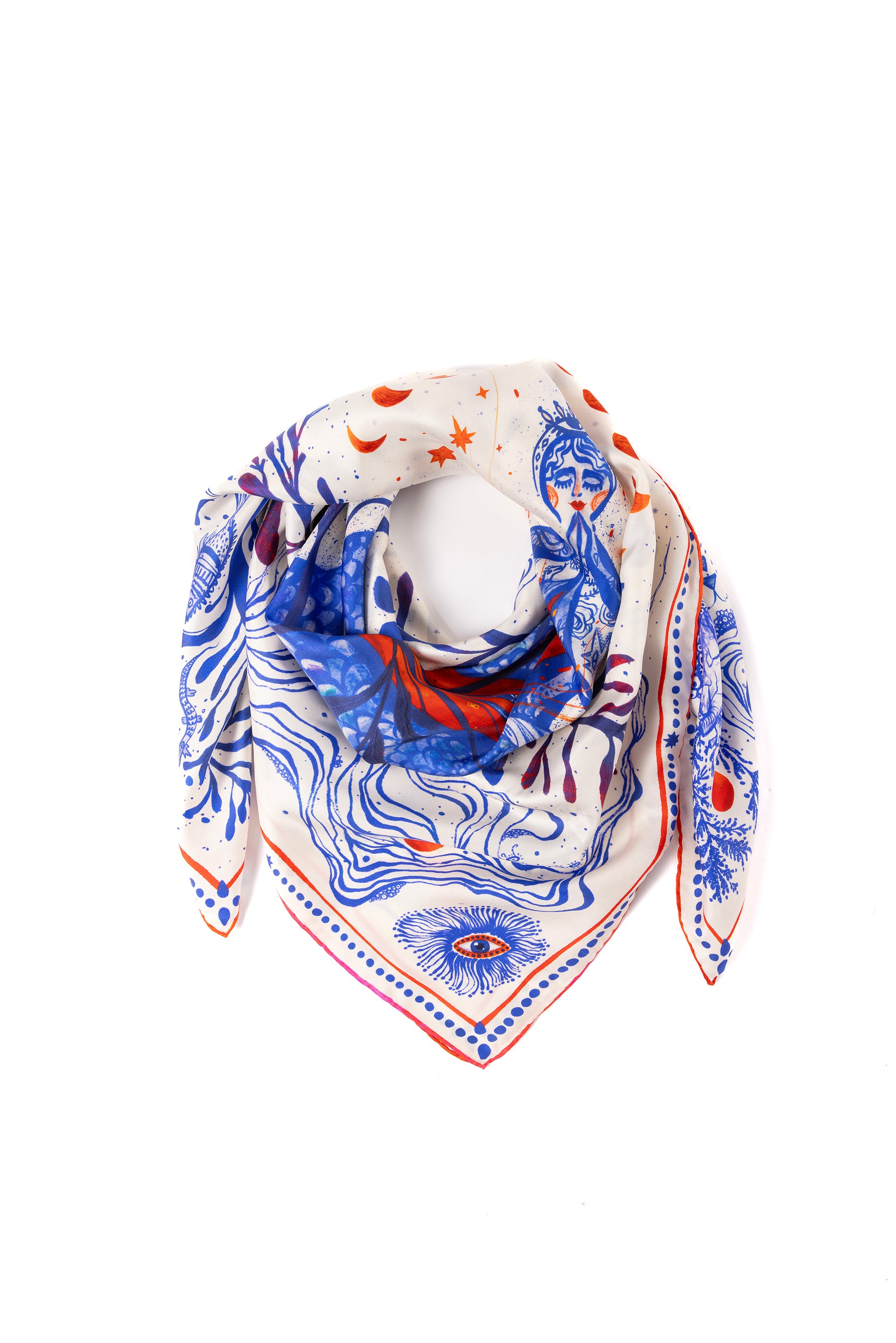 Mavi ve turuncu desenli kare ipek fuların dolanmış ürün fotoğrafı