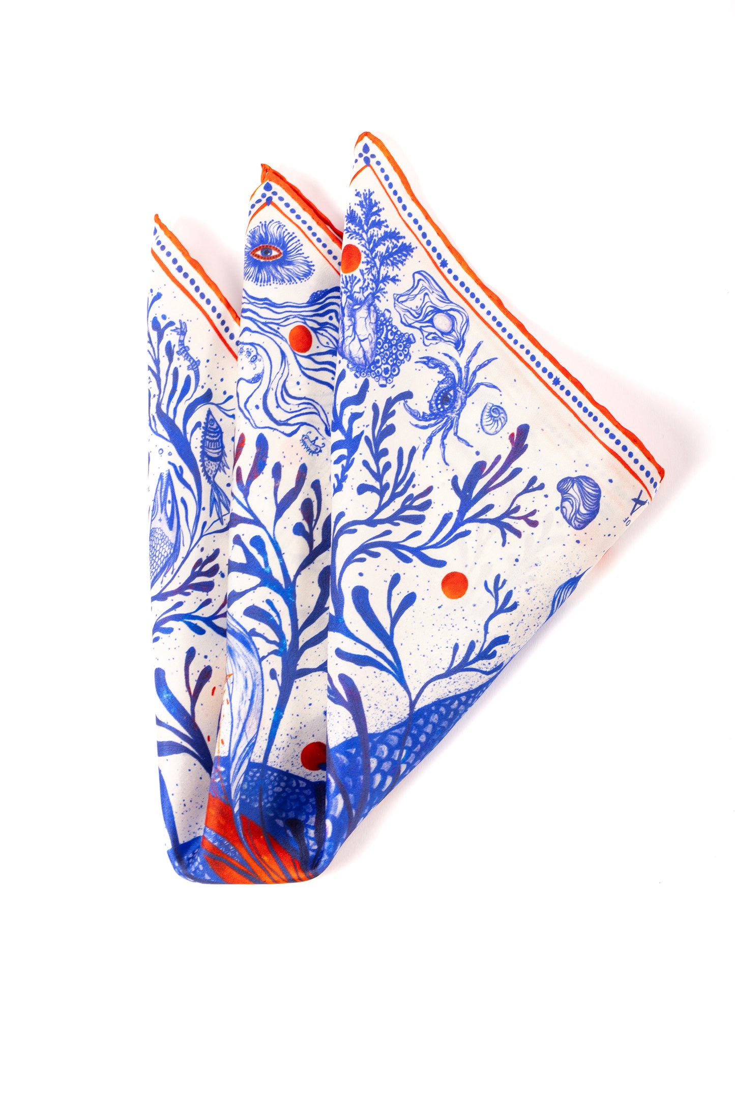 Mavi ve turuncu desenli kare ipek fuların katlanmış ürün fotoğrafı