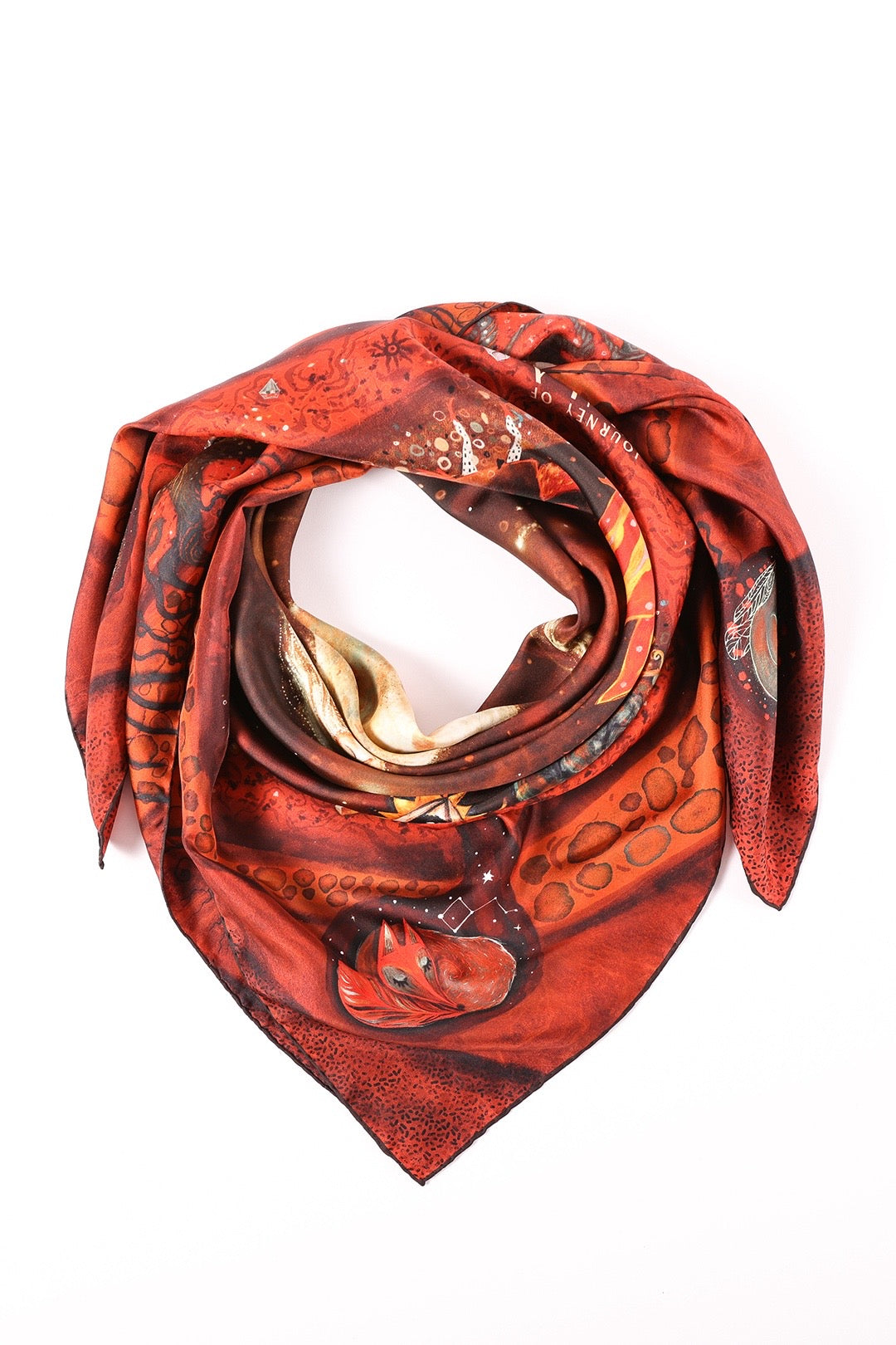 Folded Journey of Yula silk scarf highlighting the sleeping fox and moon art on 100% silk twill.