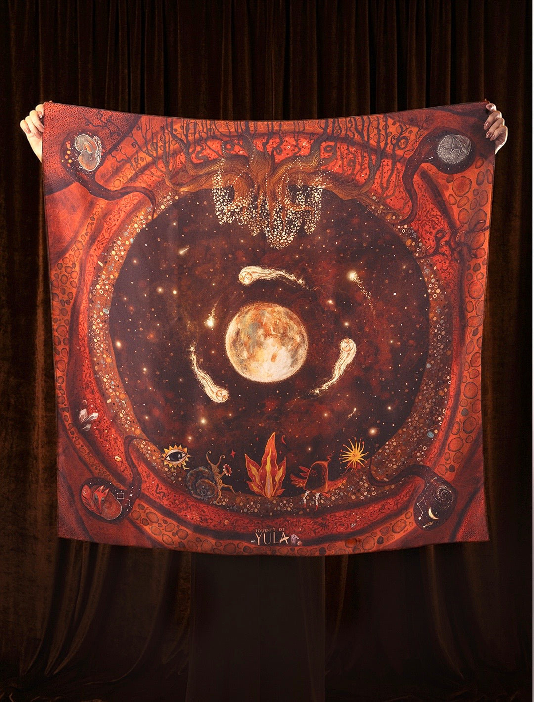 Full view of the Journey of Yula silk scarf artwork featuring planets, stars, and magical creatures.
