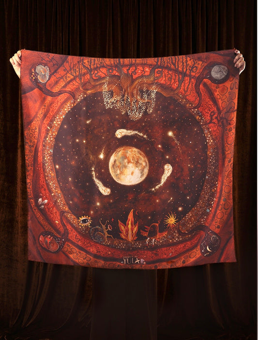 Full view of the Journey of Yula silk scarf artwork featuring planets, stars, and magical creatures.