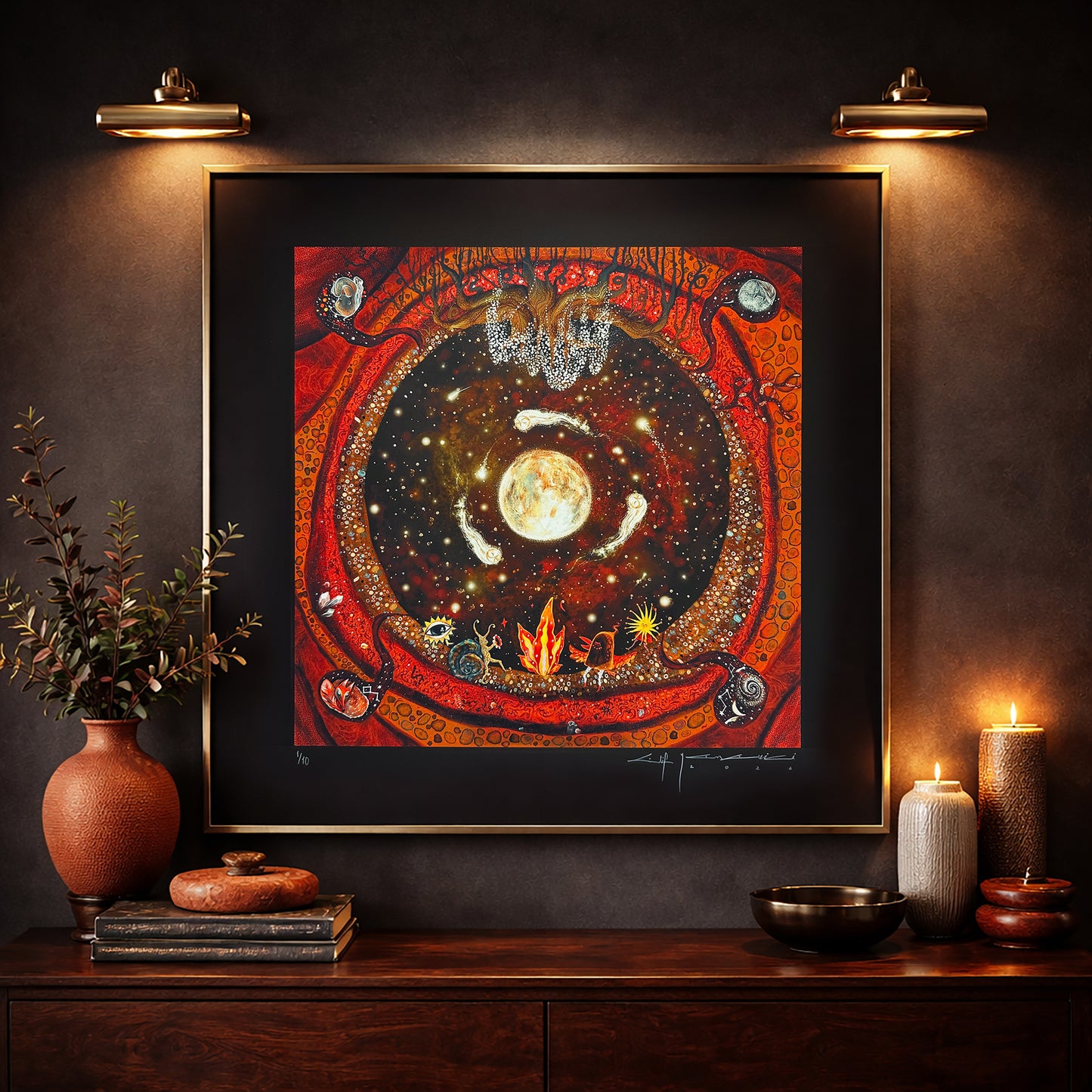 Cosmic themed illustration art print with planet and spiritual symbols
