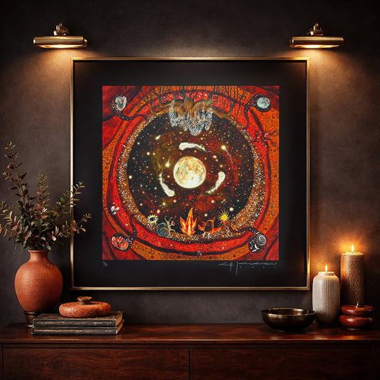 Cosmic themed illustration art print with planet and spiritual symbols