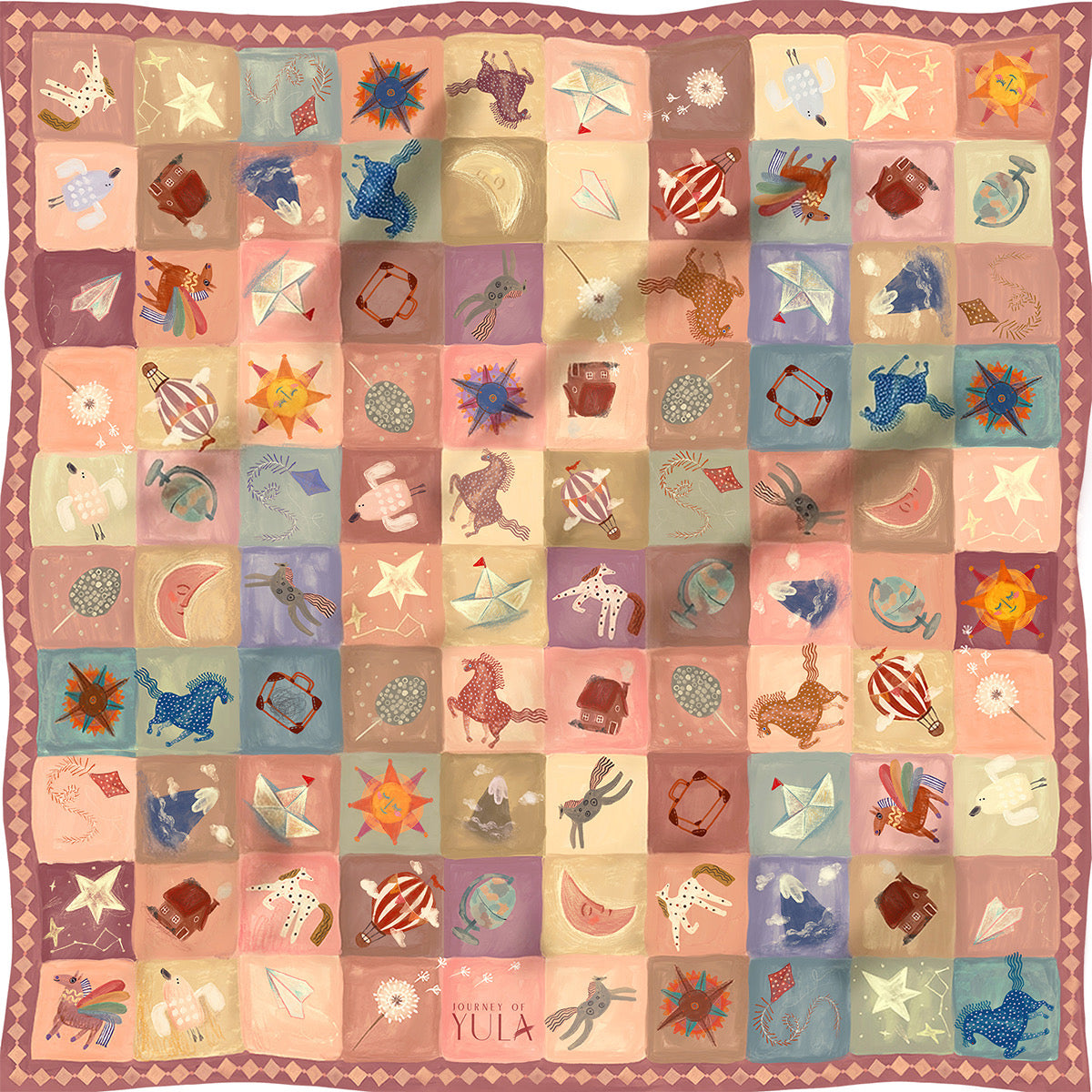 Journey of Yula 'Pocket of Joy' collection: 'Call When You Land' cotton scarf with a storybook patchwork design for all ages.
