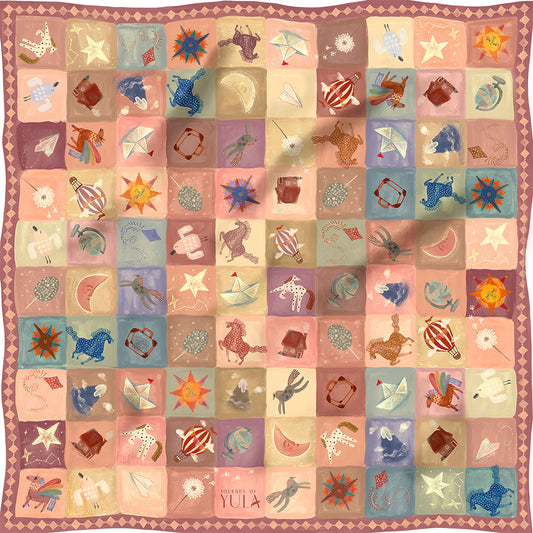 Journey of Yula 'Pocket of Joy' collection: 'Call When You Land' cotton scarf with a storybook patchwork design for all ages.