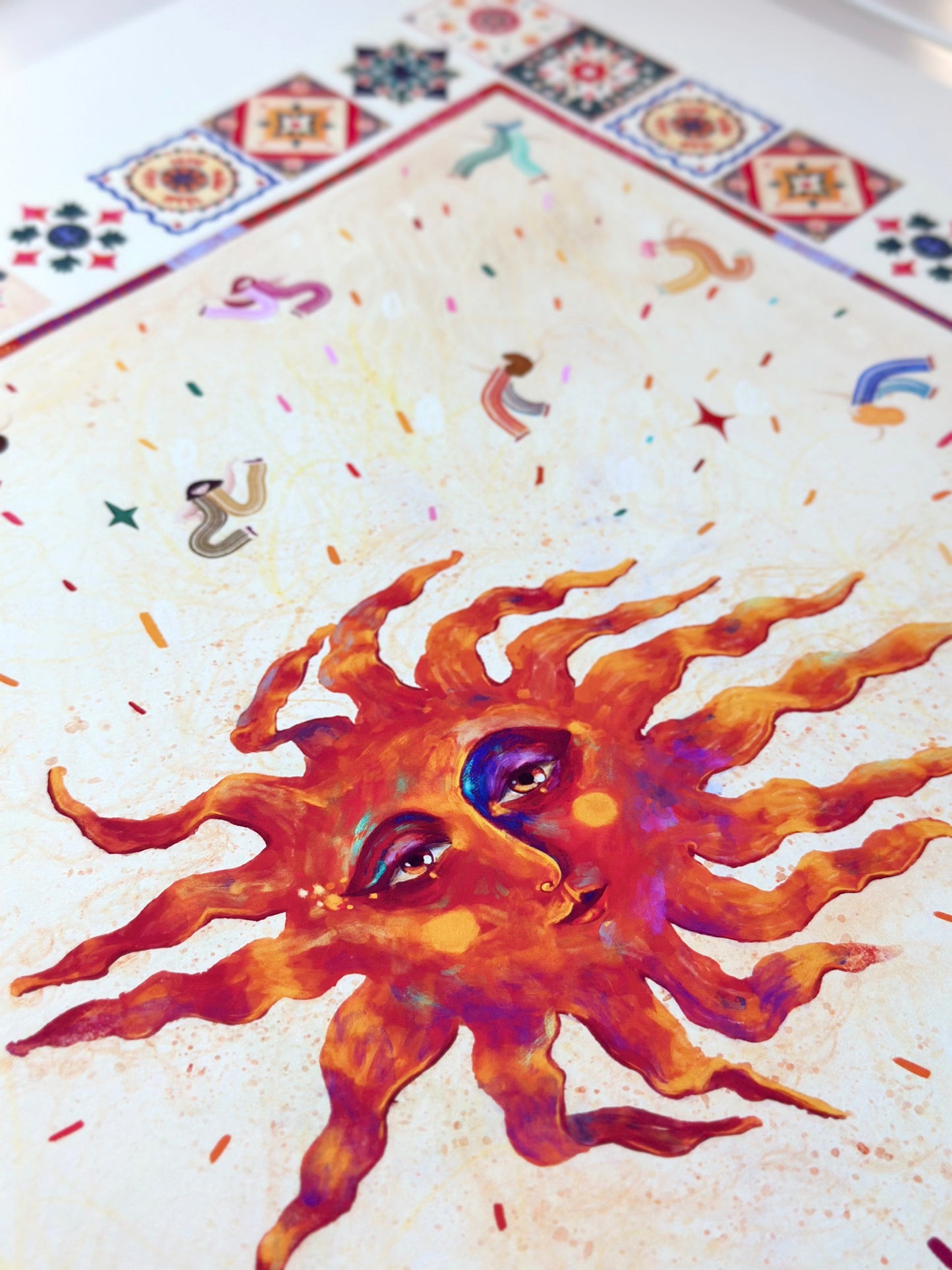 Journey of Yula Natus et Radix collection, hand-drawn orange sun illustration with traditional Mediterranean tile border, premium square art print detail