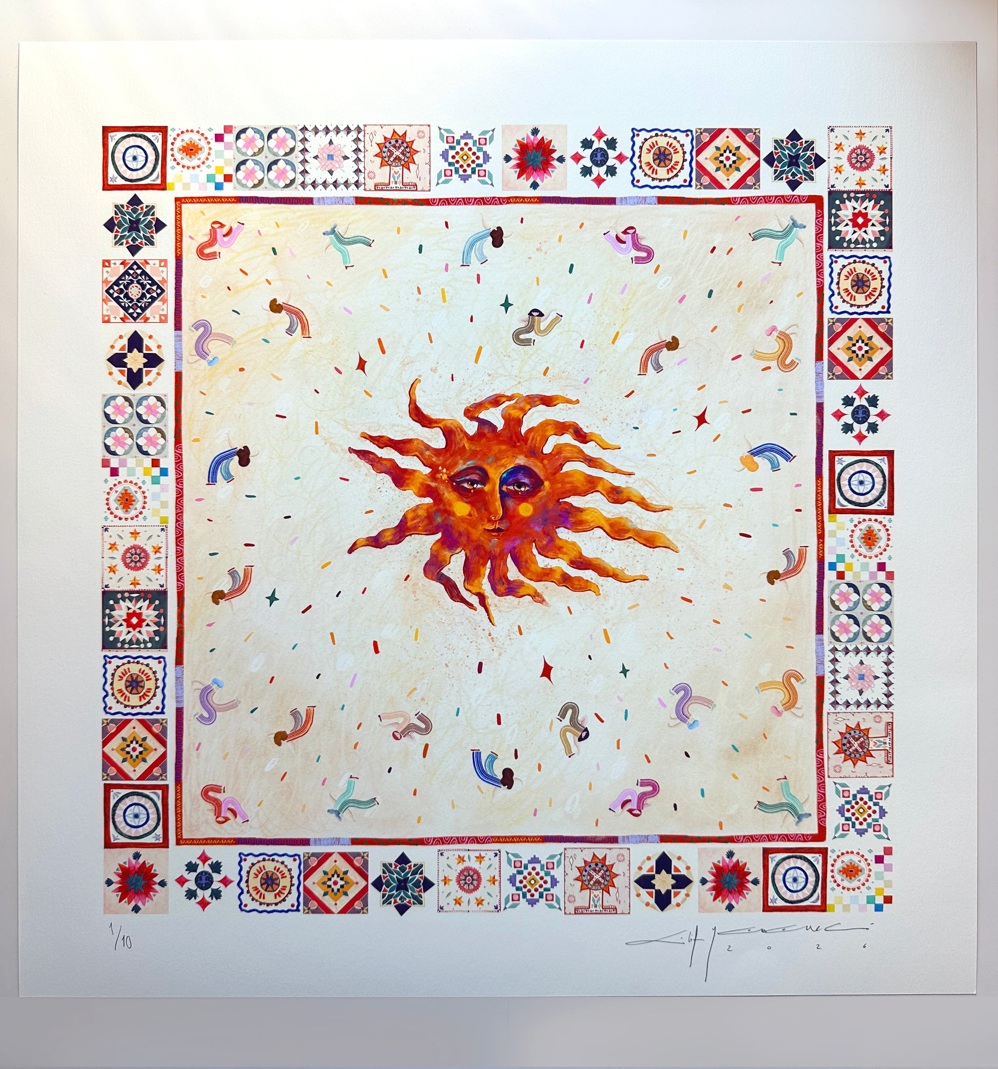 Journey of Yula Natus et Radix collection, hand-drawn orange sun illustration with traditional Mediterranean tile border, premium square art print full