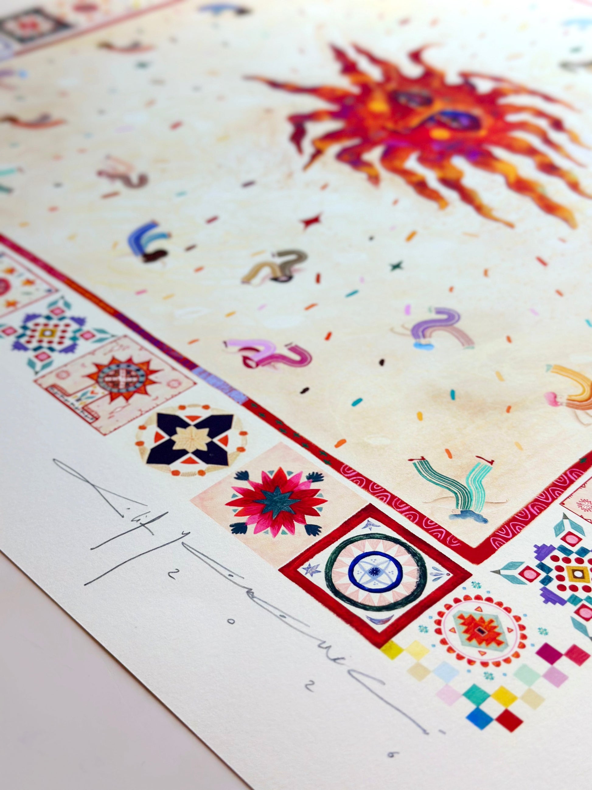 Journey of Yula Natus et Radix collection, hand-drawn orange sun illustration with traditional Mediterranean tile border, premium square art print for home decor with artist's singature detail