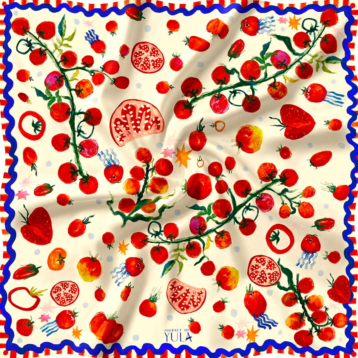 Journey of Yula 'Pocket of Joy' collection: 'Seeds of Wonder' cotton bandana for kids and adults, featuring hand-drawn tomatoes and pomegranates.