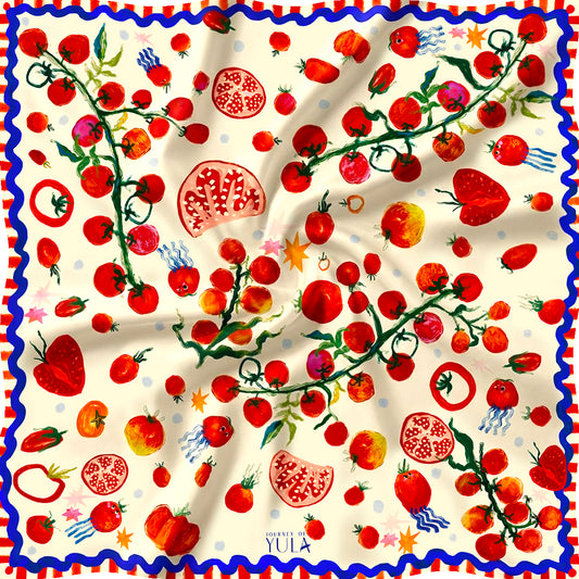 Journey of Yula 'Pocket of Joy' collection: 'Seeds of Wonder' cotton bandana for kids and adults, featuring hand-drawn tomatoes and pomegranates.